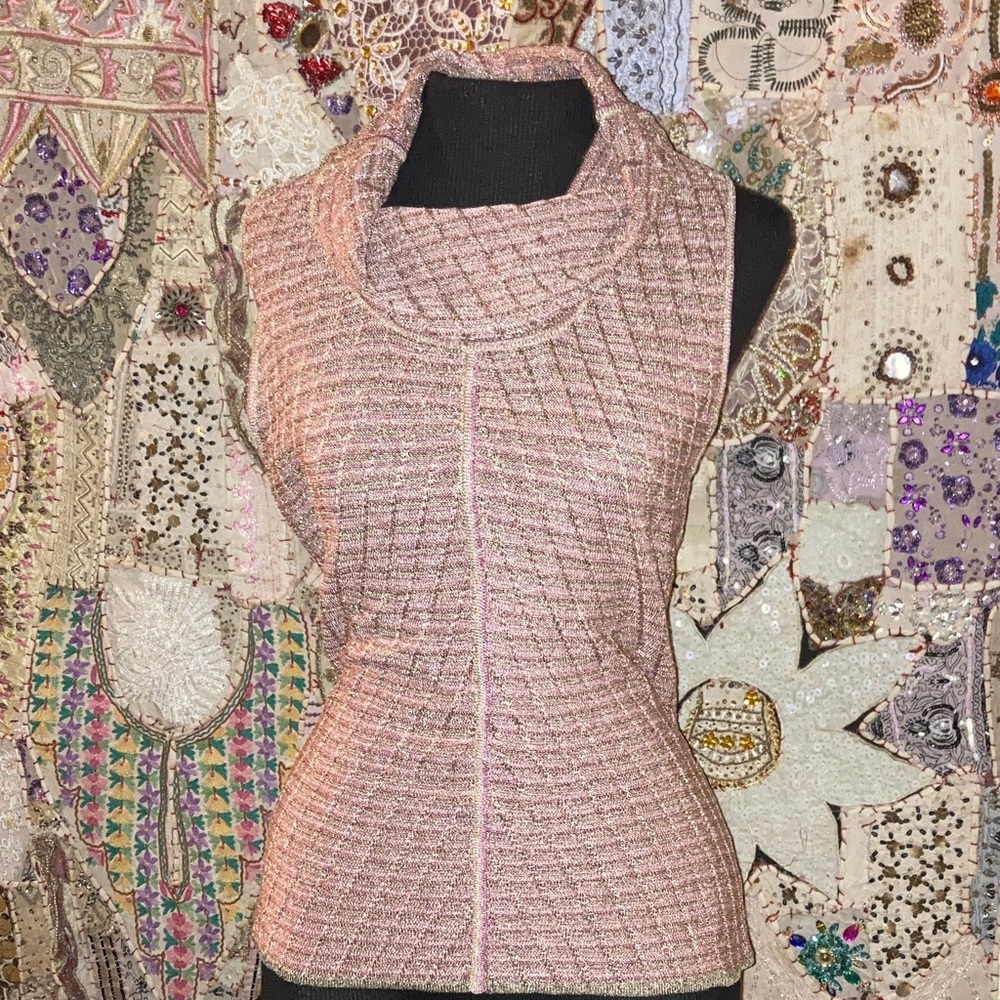 Sigrid Olsen Pink Tweed Sleeveless Funnel Neck Top